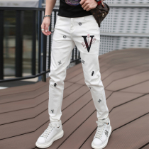 European station jeans men 2020 Spring Summer new fashion personality Tide brand hot diamond embroidery small feet slim White