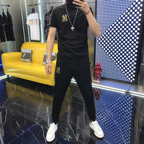 Short sleeve T-shirt suit man 2021 new Summer Korean version Trend handsome Letters Embroidered Striped half sleeves Two sets