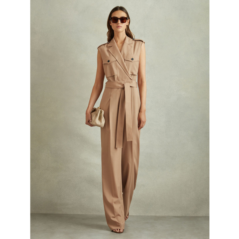 Women's Elite Style Suit Collar Workwear Pocket Sleeveless Straight Wide-Leg Jumpsuit Long Pants Wool