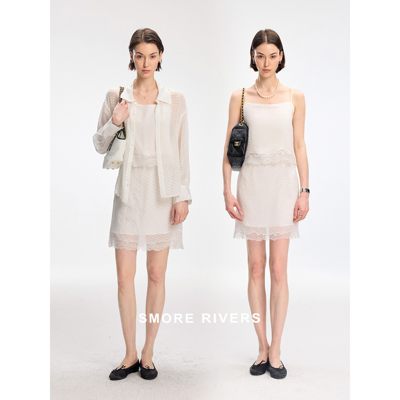 Smore Rivers Quiet Elegance Imported Lace Hazy Silk Polka Dot Camisole/Skirt/Shirt Set