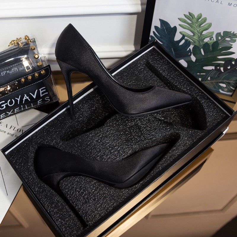 Black High-Heeled Shoes for Women, 2025 Spring and Autumn New Style, Stiletto Heel, Pointed Toe, Satin Professional Etiquette Shoes, Internet Celebrity French-Style Single Shoes