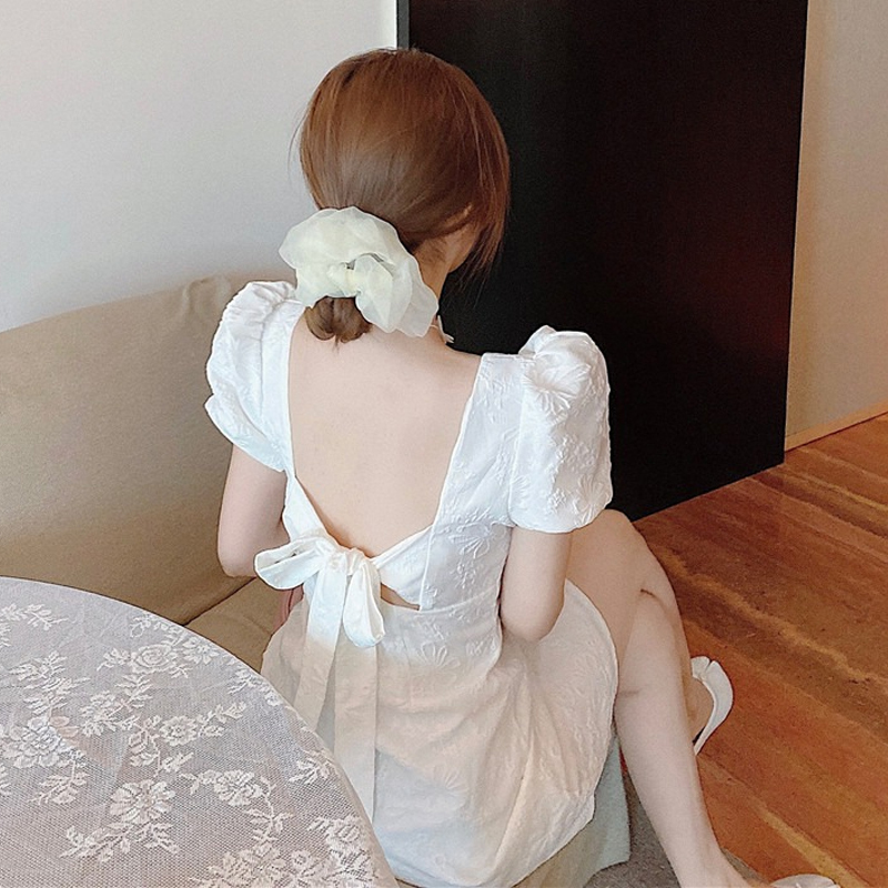 Plus-Size Puff Short-Sleeve Dress for Chubby Girls, 2025 Summer New Design, Unique Backless Style, Elegant Mini Dress