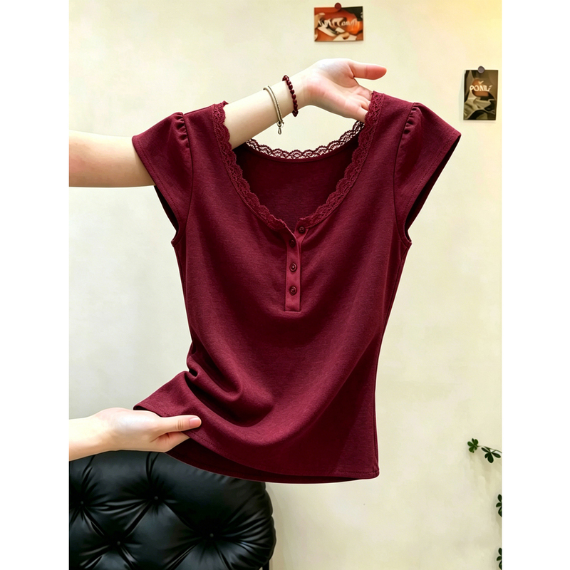 Burgundy Lace Patchwork V-Neck Button-Up Flutter Sleeve T-Shirt for Women, Summer Plus Size Versatile Age-Reducing High-End Top