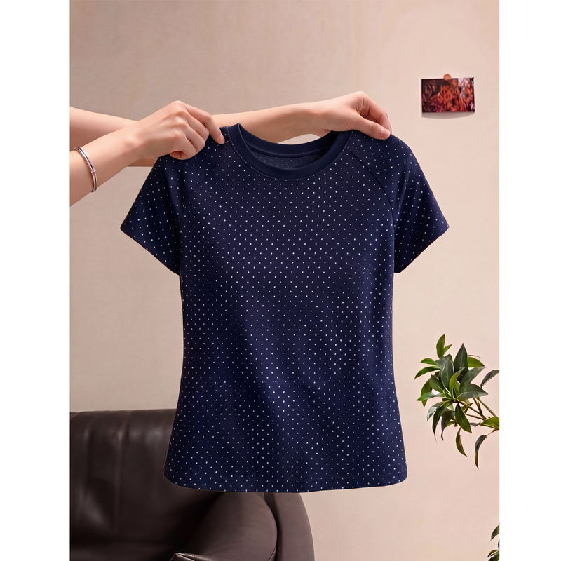 French-Style New Polka Dot Round Neck Short-Sleeve T-Shirt for Women, Summer Plus-Size Loose Fit, Age-Reducing, Super Stylish Top