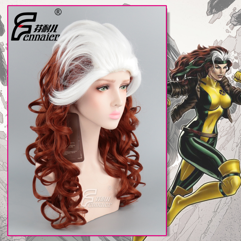 Fenner Marvel X-Men White Gradient Brown Style Long Curly Hair Rogue Cosplay Wig