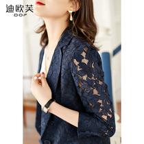 Lace blazer womens spring and autumn 2021 new Korean temperament waist blue small suit short top