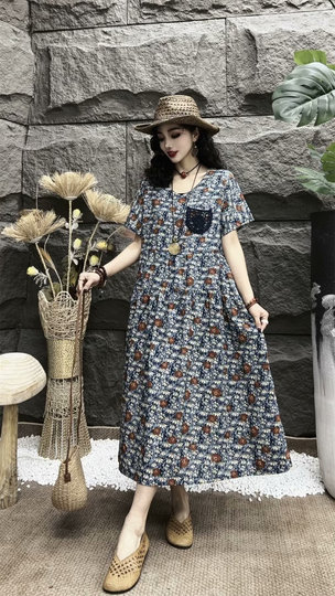 Summer new retro cotton and linen printed V-neck short-sleeved dress for women loose splicing slim lace pocket A-line skirt for women