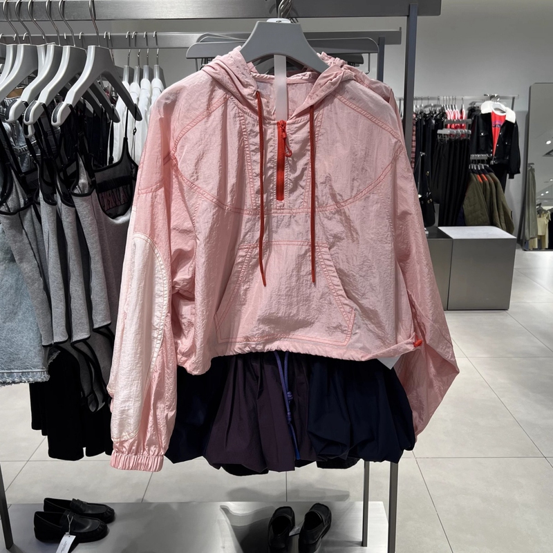 Outdoor Sun Protection Sports Style Hooded Drawstring Loose Half-Zip Pink Long-Sleeved Shirt Thin Jacket Short Top for Women