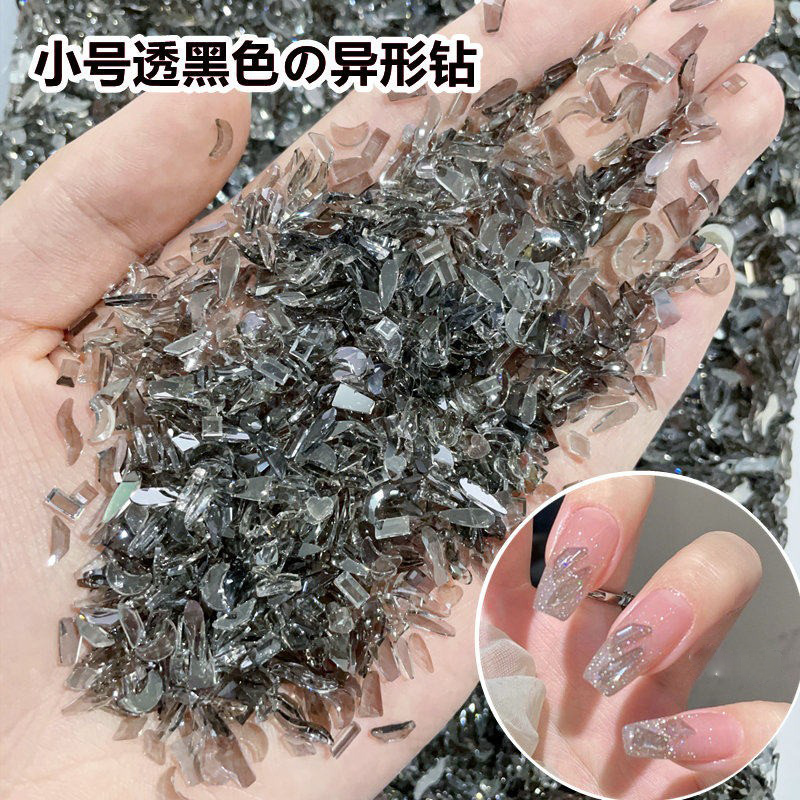Internet-Famous Transparent Black Small Flat-Bottomed Irregular-Shaped Rhinestones, Super Shiny Ice-Transparent Gray Aurora Rhinestones, Nail Art Diamond Nail Decorations