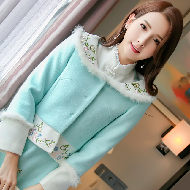 ATAR loss clearance lucky bag embroidered suit collar mid-length woolen coat woolen coat imitation fur coat