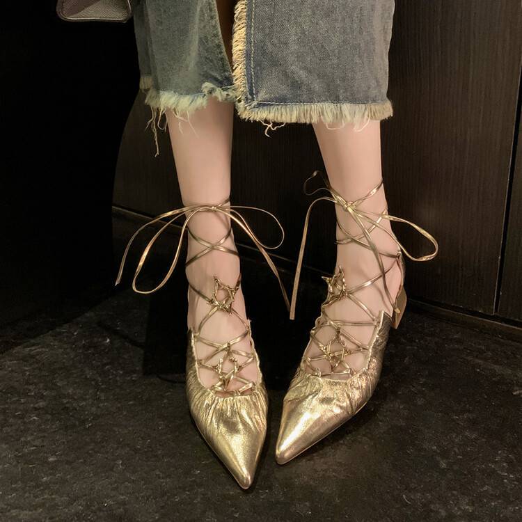 Fairy Style~Star Cross-Strap French Mary Jane Shoes, Gold High Heels, Chunky Pointed Toe Heels, Women's Summer Shoes