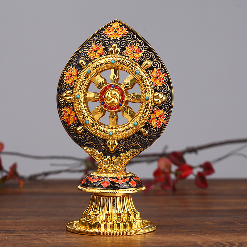 Tibetan Tantric dharma wheel Exquisite Copper alloy electroplated gilt hand-painted Buddha Hall desktop ornament Falun Treasure