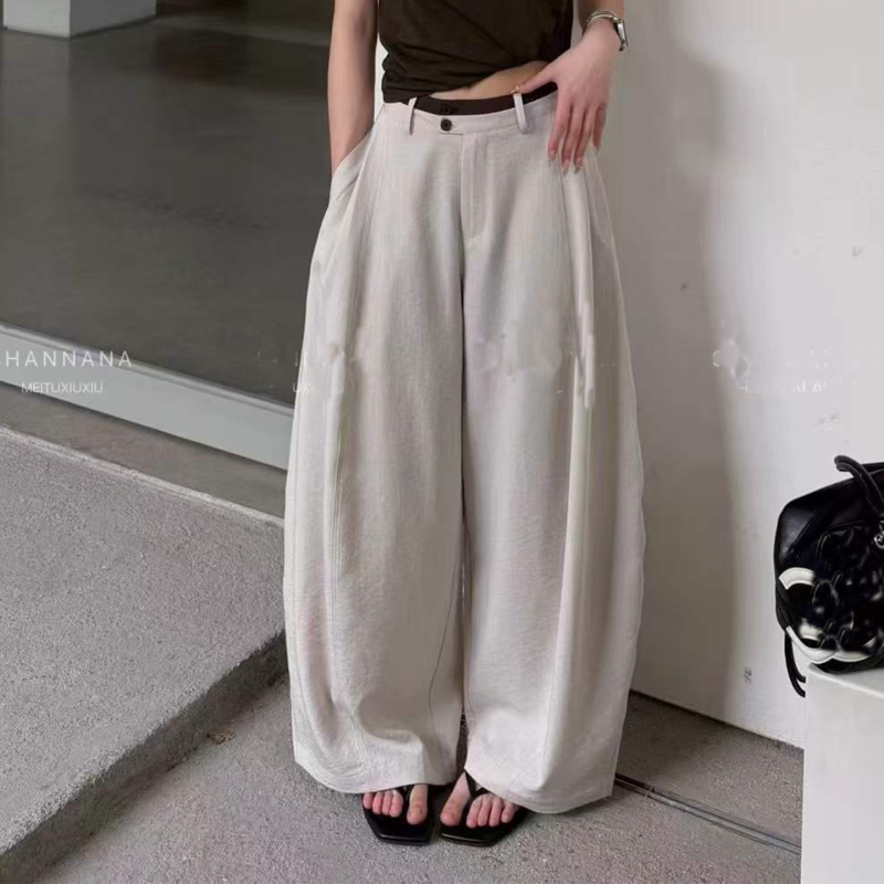 698100 Wide-Leg Pants for Women, Casual Pants, 2026 Summer New Korean Style Fashion Color-Blocking Waist Design Cotton-Linen Curved Pants