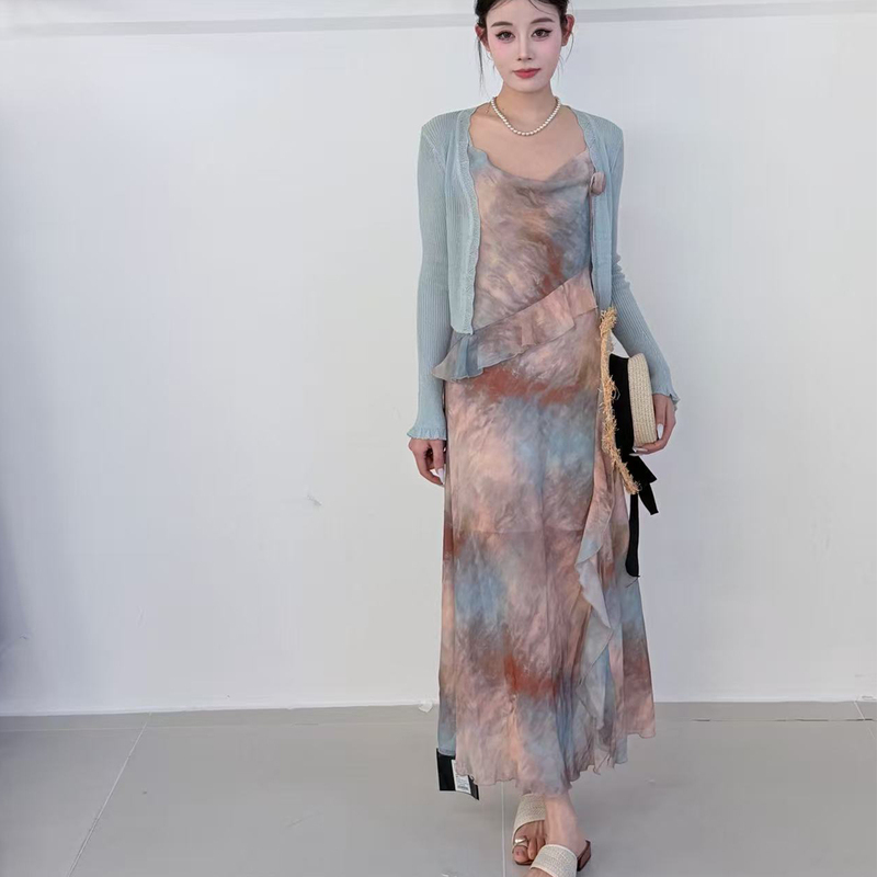 8150 Retro Smudged Print Suspender Dress for Women, Shawl Cardigan Two-Piece Set, Slim Fit, Elegant Resort Style, Summer Style