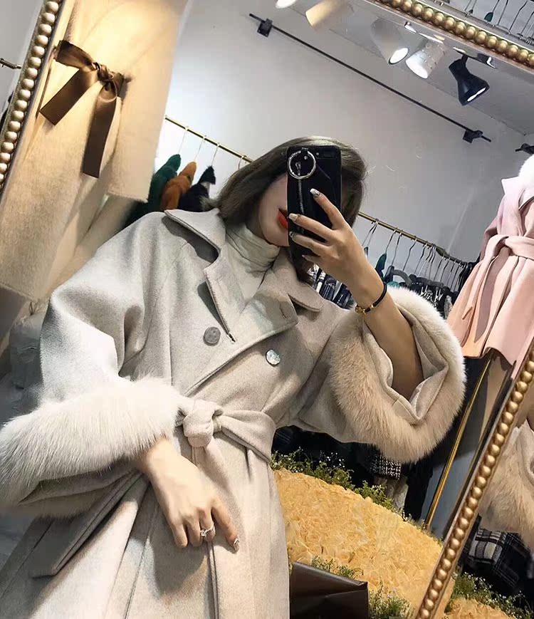 Thời trang nữ lông cáo tay áo thắt eo áo len dài đoạn nữ mùa đông dày lông cừu len áo thủy triều áo khoác dạ nữ dáng dài cổ lông