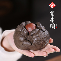 Grace purple sand tea set ornaments double Lion holding ball purple sand crafts