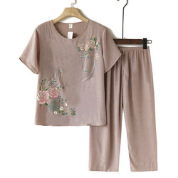 Thin silk and linen two-piece summer clothes for 60-year-old mothers, casual short-sleeved women's 70-year-old grandmother suits, 80-year-old grandmothers