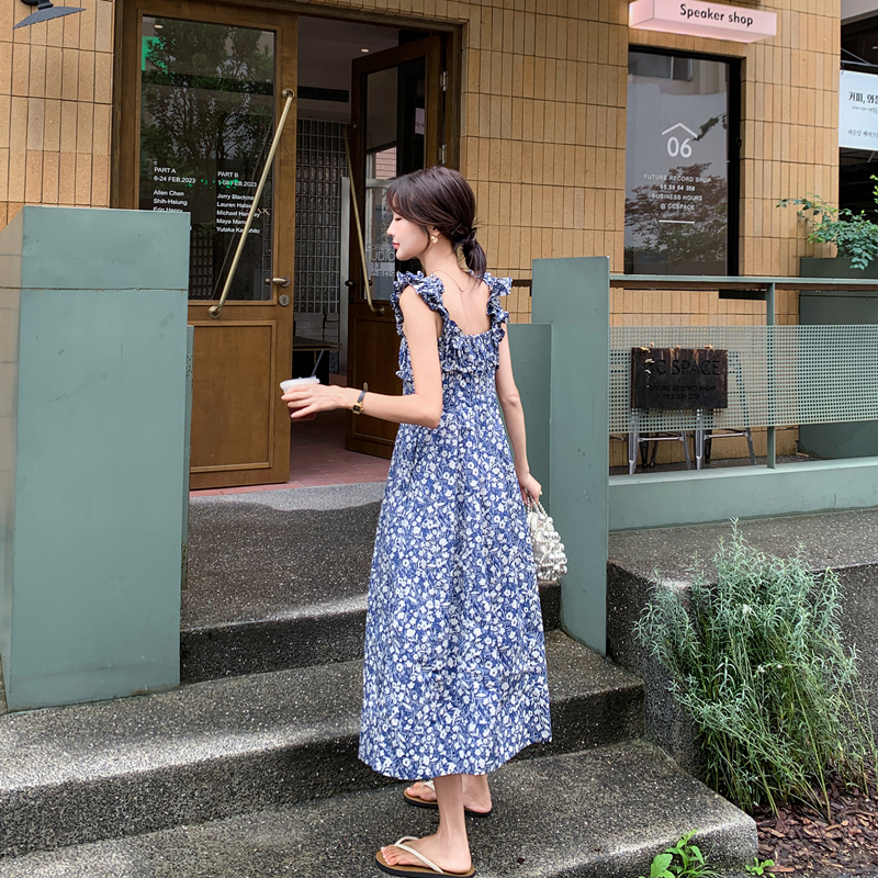 Blue Sweet Youthful Flutter-Sleeve Floral Dress for Women, Summer 2026 New Style, Seaside Vacation Beach Strap Dress