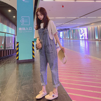 Net Red Denim Back Belt Pants Suit Woman Xia Han Version Loose Foreign Air Reduction Age Display Slim Spring Autumn Students Small Substraight Drum