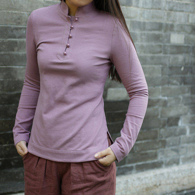 Tuya Yixiang knitted cotton Chinese-style stand-collar top bottoming original thickened pure cotton slim long-sleeved T-shirt
