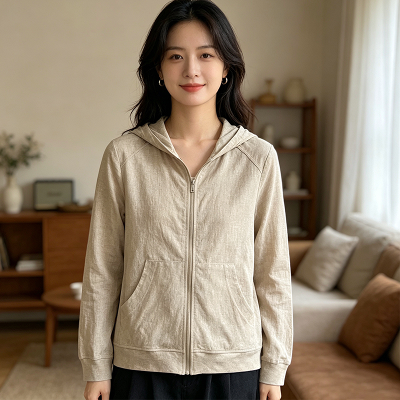 24 Pieces of Original Hemp Hooded Sweatshirts with Zippers for Women, Long-Sleeved Jackets, Comfortable and Breathable, Summer and Autumn 880