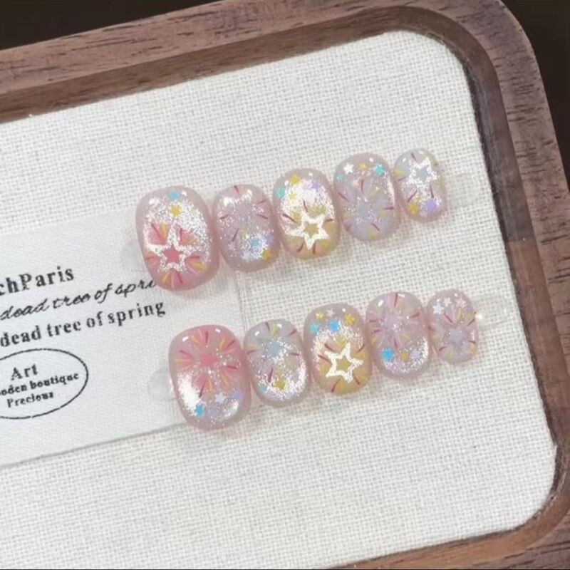 Star Flame Flowing Nail Powder, Clear Fireworks Cat Eye 2026, Super Popular Sweet Girl Style Short Nail Art Stickers