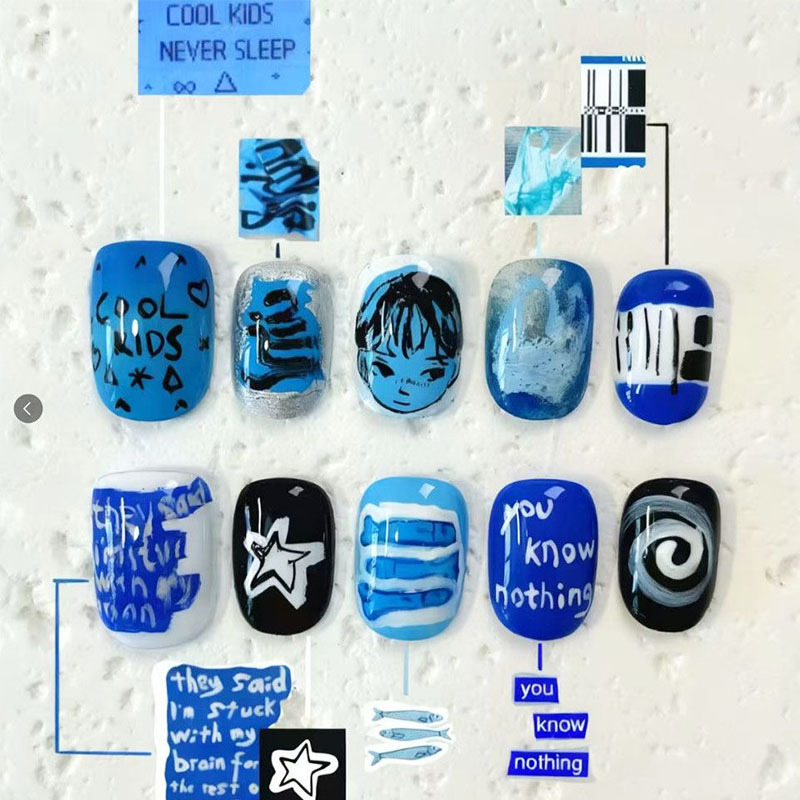 Blues Storm Wearable Nails Student Fashion Korean Style Niche Design Personality Whitening New Short Style Beanie Nail Stickers