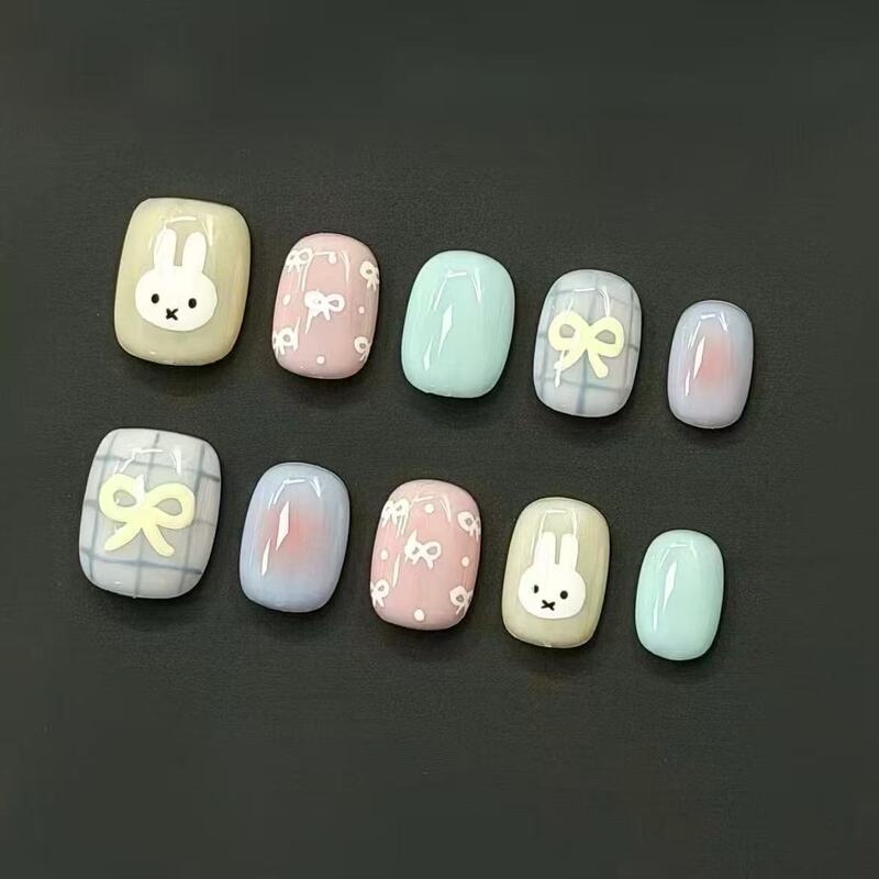 Cute Bunny Flower Knot Nail Stickers, Adorable Cartoon Miffy Rabbit Plaid Spring and Summer Daily New Short Style Sweet Nail Patches