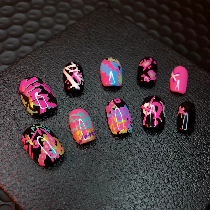 Jinx Wears Nail Stickers with Contrasting Black and Pink Colors, Hand-Painted Fluorescent Graffiti, Niche Personality, Sweet and Cool Short Style, Bean-Shaped Nail Patches