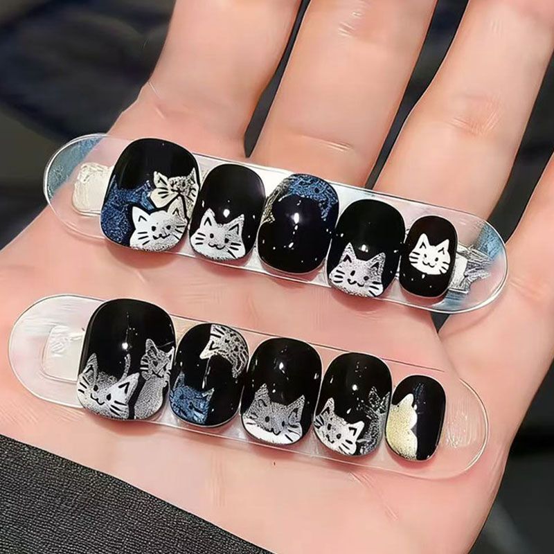 Dark Night Meow Wearable Nail Art Black Base Silver Blue Glitter Cat Niche Sweet Cool Personality Style Short Beanie Nail Stickers Dark Night Meow Wearable Nail Art Black Base Silver Blue Glitter Cat Niche Sweet Cool Personality Style Short Beanie Nail Stickers