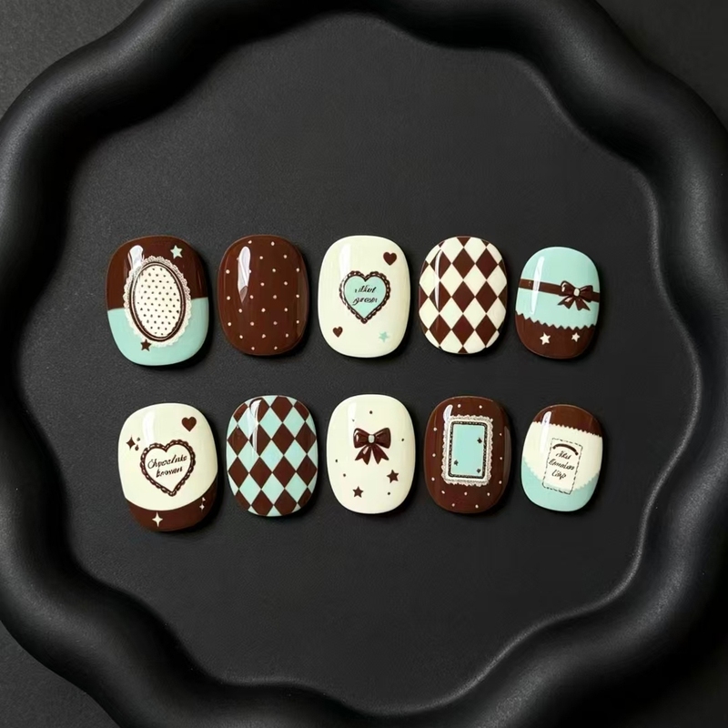 Vintage Green Plaid Press-On Nails with Retro Dessert Style, Brown and Green Color-Blocking, Niche Retro Girl Short-Length Nail Stickers Vintage Green Plaid Press-On Nails with Retro Dessert Style, Brown and Green Color-Blocking, Niche Retro Girl Short-Length Nail Stickers