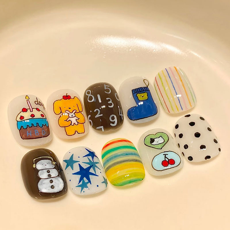 Cake Party Themed Cartoon Dopamine Snowman Polka Dot Stripe Short Nail Art Stickers