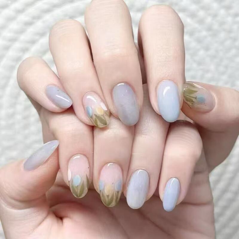 Light Blue Floral Mist Wearable Nails, Clear, Elegant, Soft, Ethereal, Creamy, Artistic Style, Spring-Like Short Oval Nail Patches