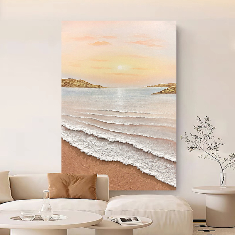 Hand-Painted Sunrise Oil Painting, Cream-Style Living Room Entrance Decoration Painting, Simple Modern Sofa Background Wall Hanging Painting with a High-End Feel