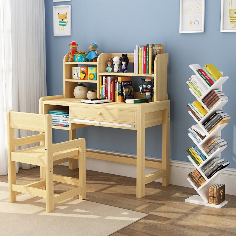Solid wood children's study desk desk bookcase combination primary school desk and chair home writing desk set