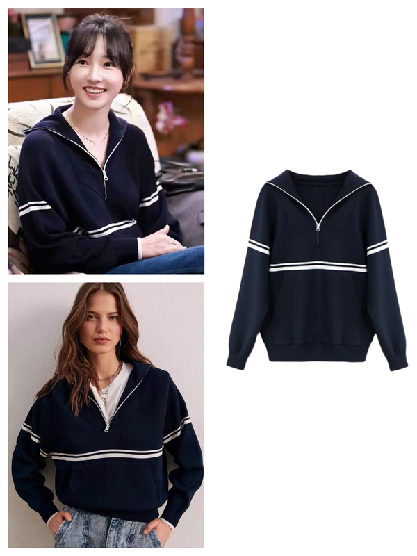 Bas Paris】White Lily Same Style Knitwear ● 23 Autumn/Winter Dark Blue Navy Collar Striped Sweet Thin Sweater Bas Paris】White Lily Same Style Knitwear ● 23 Autumn/Winter Dark Blue Navy Collar Striped Sweet Thin Sweater