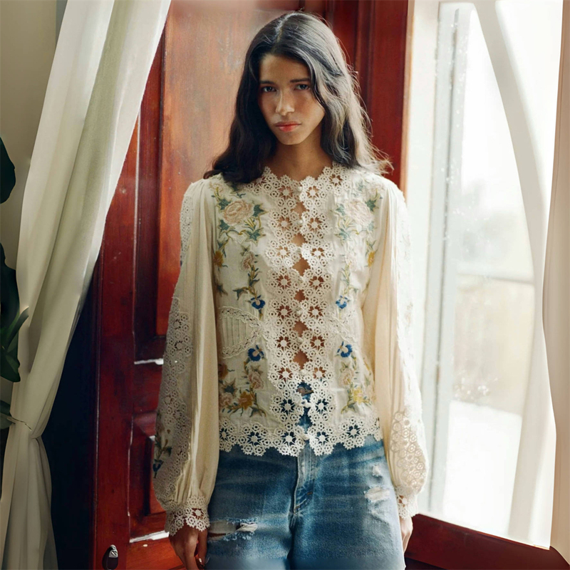High-End Style! [New York Se* Embroidered Shirt] Baguette French Style 26 Autumn Lace Patchwork Long-Sleeve Shirt