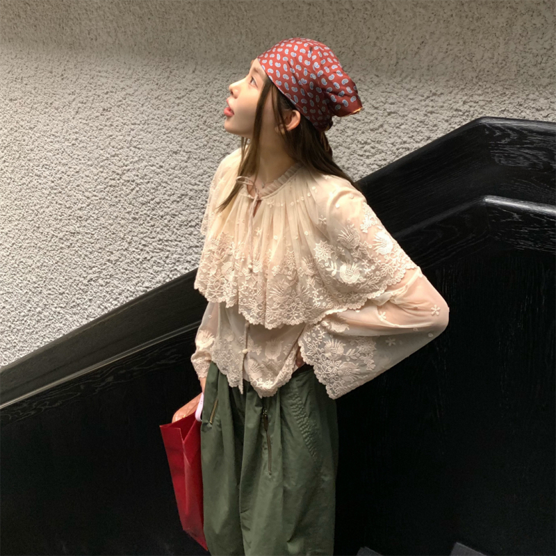 Expensive Series! [New York Se* Lace Shirt] Bag French Style Single Item 26 Autumn Classical Style Sheer Embroidered Shirt 2 Colors