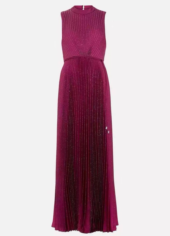 British P8 Rose Red Fine Glitter Silver Pleated Sleeveless Dress Long Dress Stand Collar Tie Waist Banquet Vacation Dress British P8 Rose Red Fine Glitter Silver Pleated Sleeveless Dress Long Dress Stand Collar Tie Waist Banquet Vacation Dress