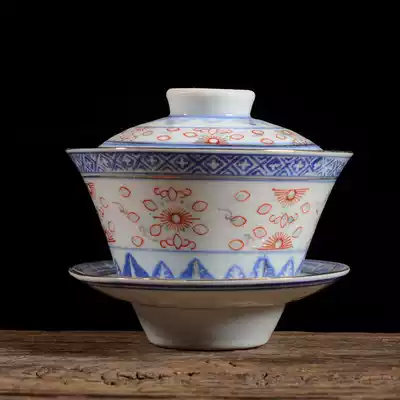 Jingdezhen blue and white Linglong three Chai bowl imitation old factory ceramic gold large tea set Tea Bowl