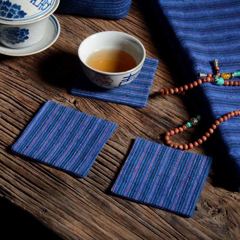 Handmade Blue Old Cloth Square Tea Tea Cup Tea Depub Tea Dei fabric Double Coarse Cloth Cup Mat