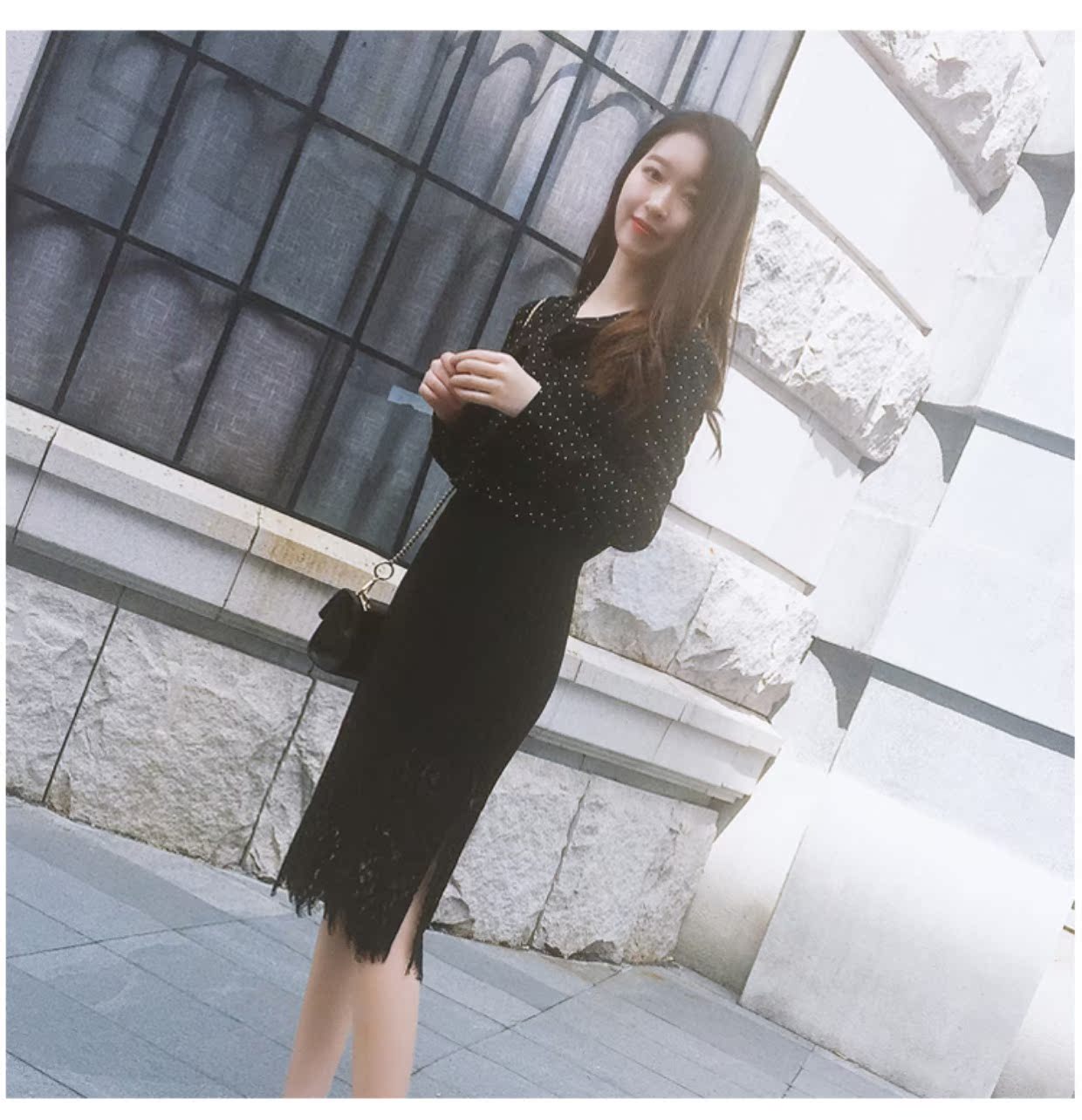Váy ren nữ 2019 xuân hè mới eo cao hoang dã mỏng xẻ nĩa bước chân váy túi hông dài phần - Váy chân váy xếp ly
