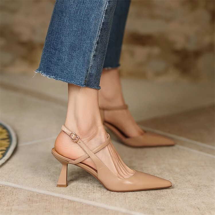 Beautiful French Style~! Vintage Nude Pointed-Toe High Heels with Thin Heels, Open-Back Closed-Toe Roman Sandals