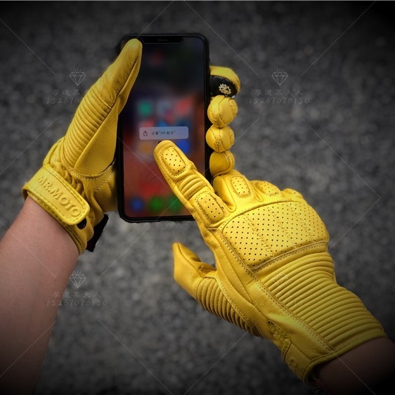 Spot Harley locomotive men and women gloves with touch screen grab iron BMW retro yellow black anti-fall full finger leather gloves