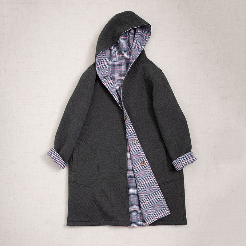 Reversible Hooded Mid-Length Thick Quilted Padded Coat with Woolen Lining on the Reverse, Women's Autumn and Winter Coat K033