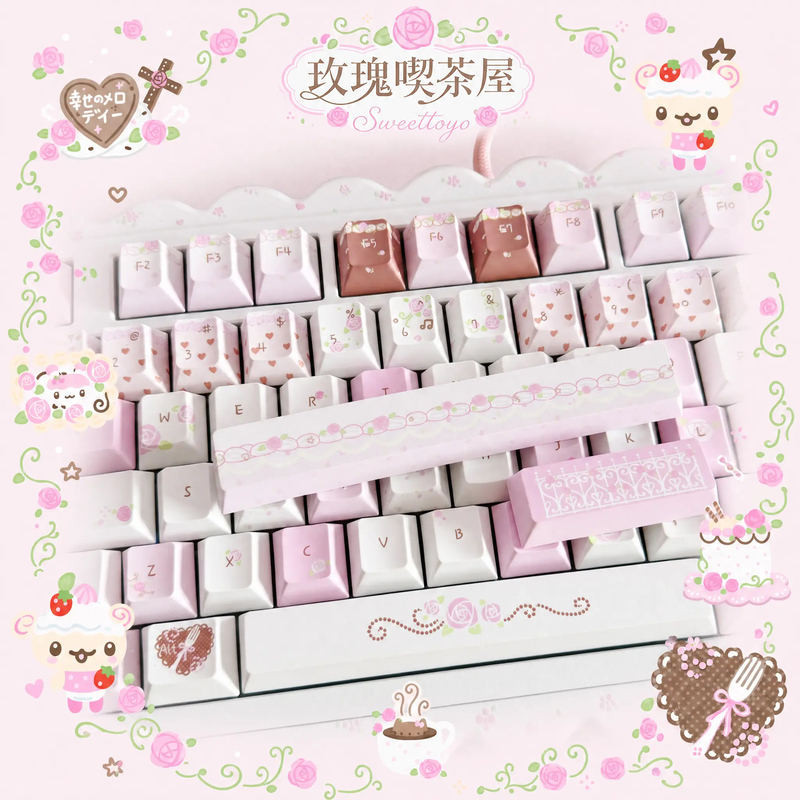 【Sweettoyo】Rose Tea House Vintage Rose Pink Keycaps Cute Pbt Material Original Moa