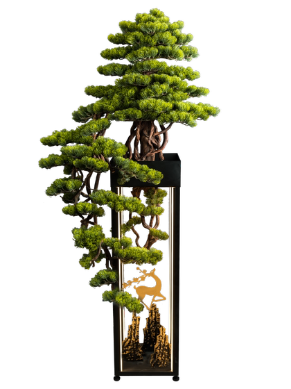 New Chinese-Style Large Artificial Green Plant Bonsai Welcoming Pine Ornament for Entrance, Living Room, Office, Floor-Standing Decorative Fake Tree