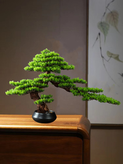 Welcome Pine Bonsai with Zen-Inspired New Chinese-Style Artificial Green Plants, Potted Plants, Dry Landscape, Entryway and Living Room Decorations