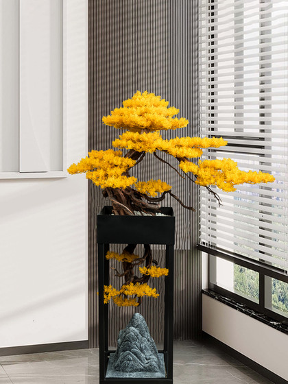 New Chinese-Style Large Artificial Yellow Welcoming Pine Tree Floor-Standing Ornament for Hotel Lobby Decoration, Company Opening Gift