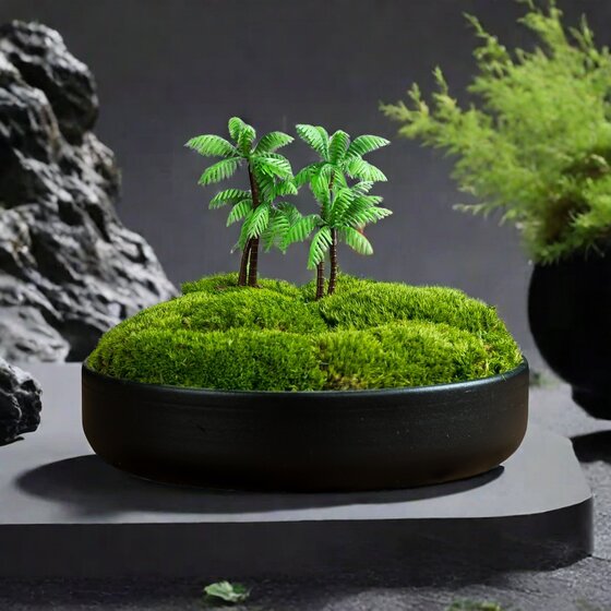 Everlasting Real Moss Plant, New Chinese-Style Bonsai Moss Micro-Landscape, Desktop Tea Room Model Room Decoration, Floral Art Potted Plant